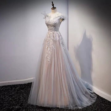 A line Tulle Long Prom Dresses HZ1023